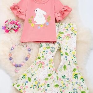 Pink Bunny Top and Floral Bell Bottoms Set